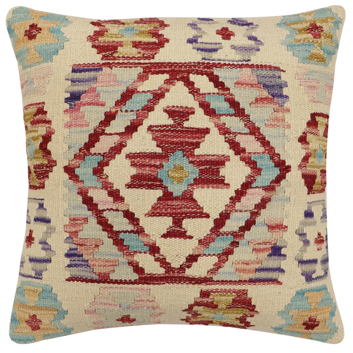 handmade Traditional Pillow Beige Red Hand-Woven SQUARE 100% WOOL Hand woven turkish pillow2 x 2