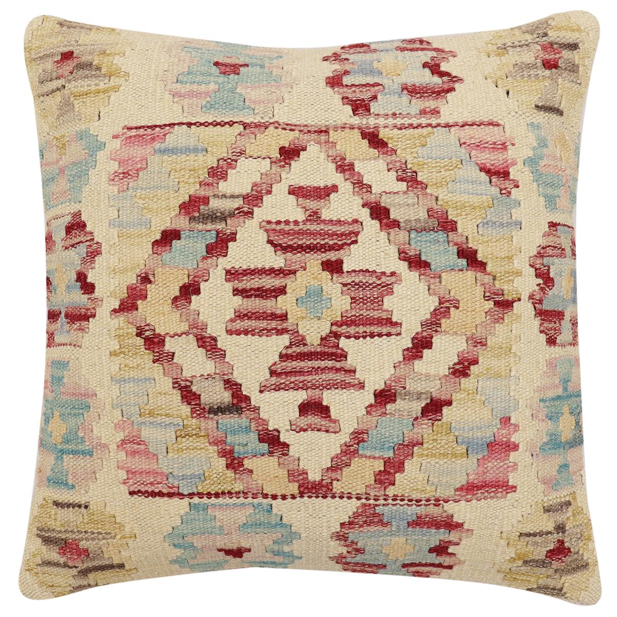 handmade Traditional Pillow Beige Red Hand-Woven SQUARE 100% WOOL Hand woven turkish pillow2 x 2