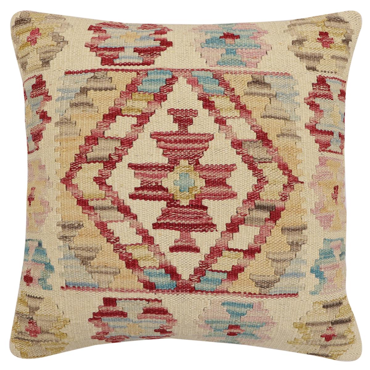 handmade Traditional Pillow Beige Red Hand-Woven SQUARE 100% WOOL Hand woven turkish pillow2 x 2