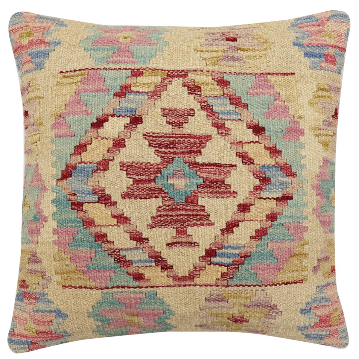 handmade Traditional Pillow Beige Red Hand-Woven SQUARE 100% WOOL Hand woven turkish pillow2 x 2
