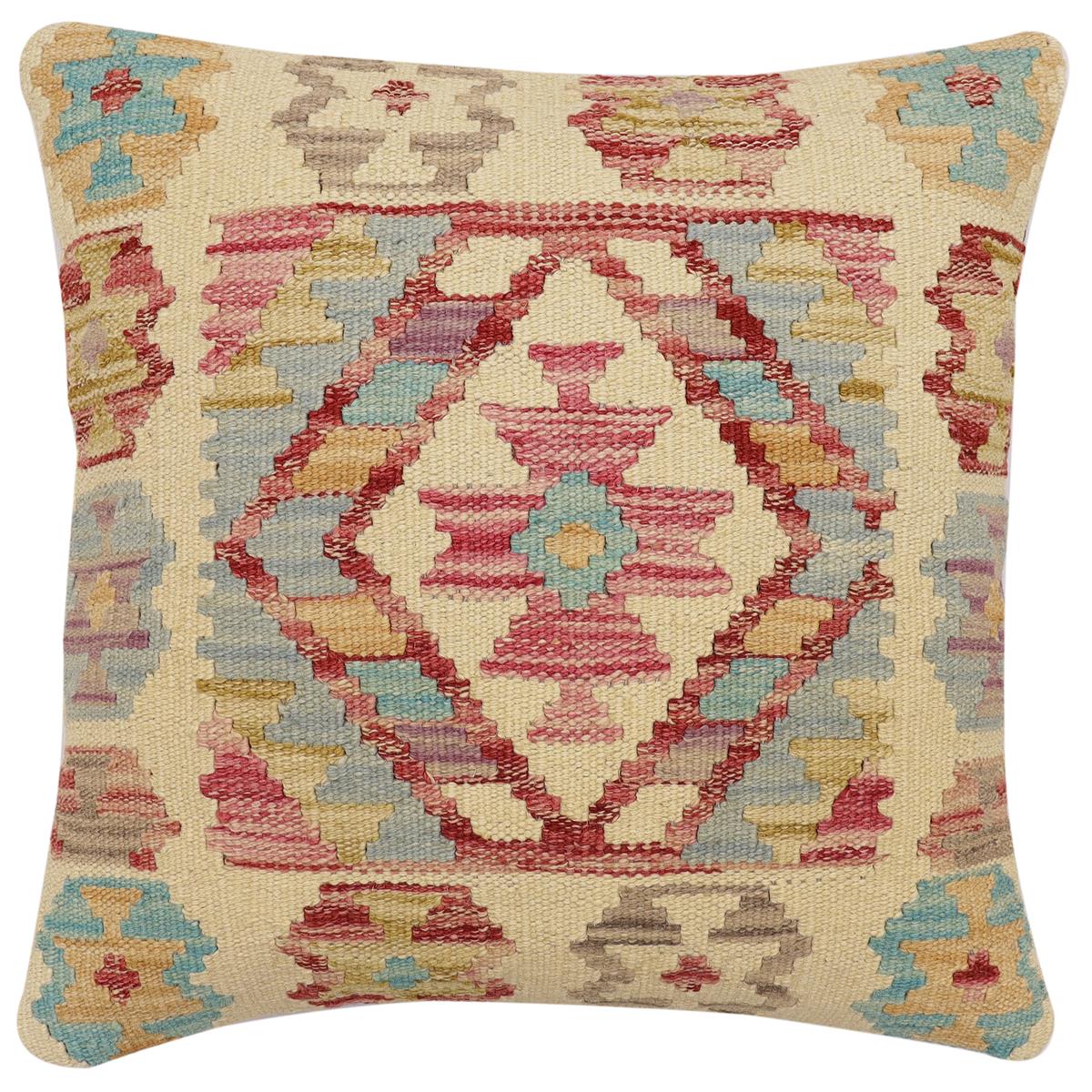 handmade Traditional Pillow Beige Red Hand-Woven SQUARE 100% WOOL Hand woven turkish pillow2 x 2