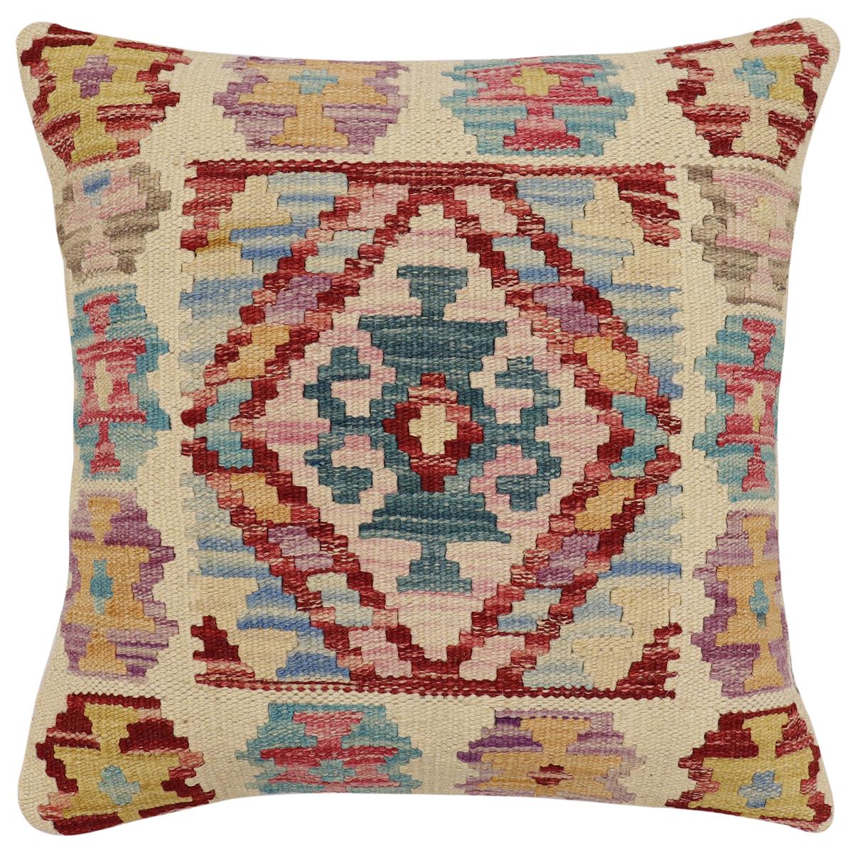 handmade Traditional Pillow Beige Red Hand-Woven SQUARE 100% WOOL Hand woven turkish pillow2 x 2