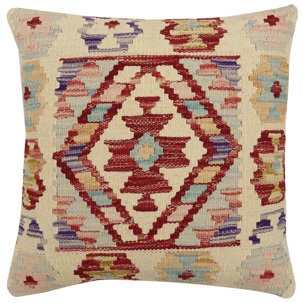 handmade Traditional Pillow Beige Red Hand-Woven SQUARE 100% WOOL Hand woven turkish pillow2 x 2