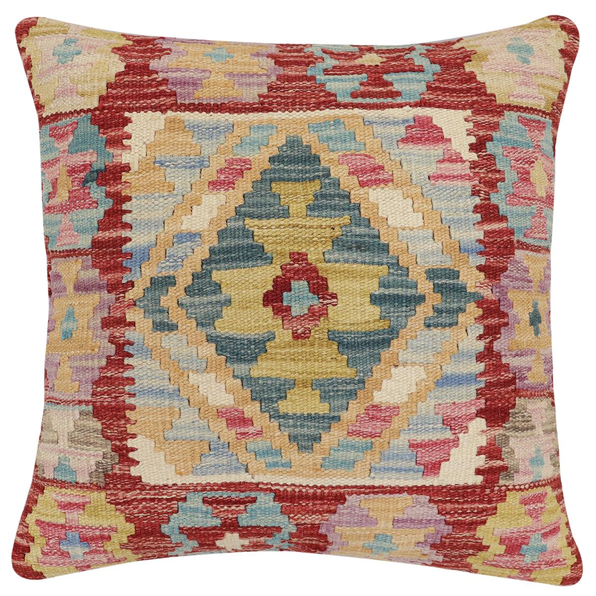 handmade Traditional Pillow Red Blue Hand-Woven SQUARE 100% WOOL Hand woven turkish pillow2 x 2
