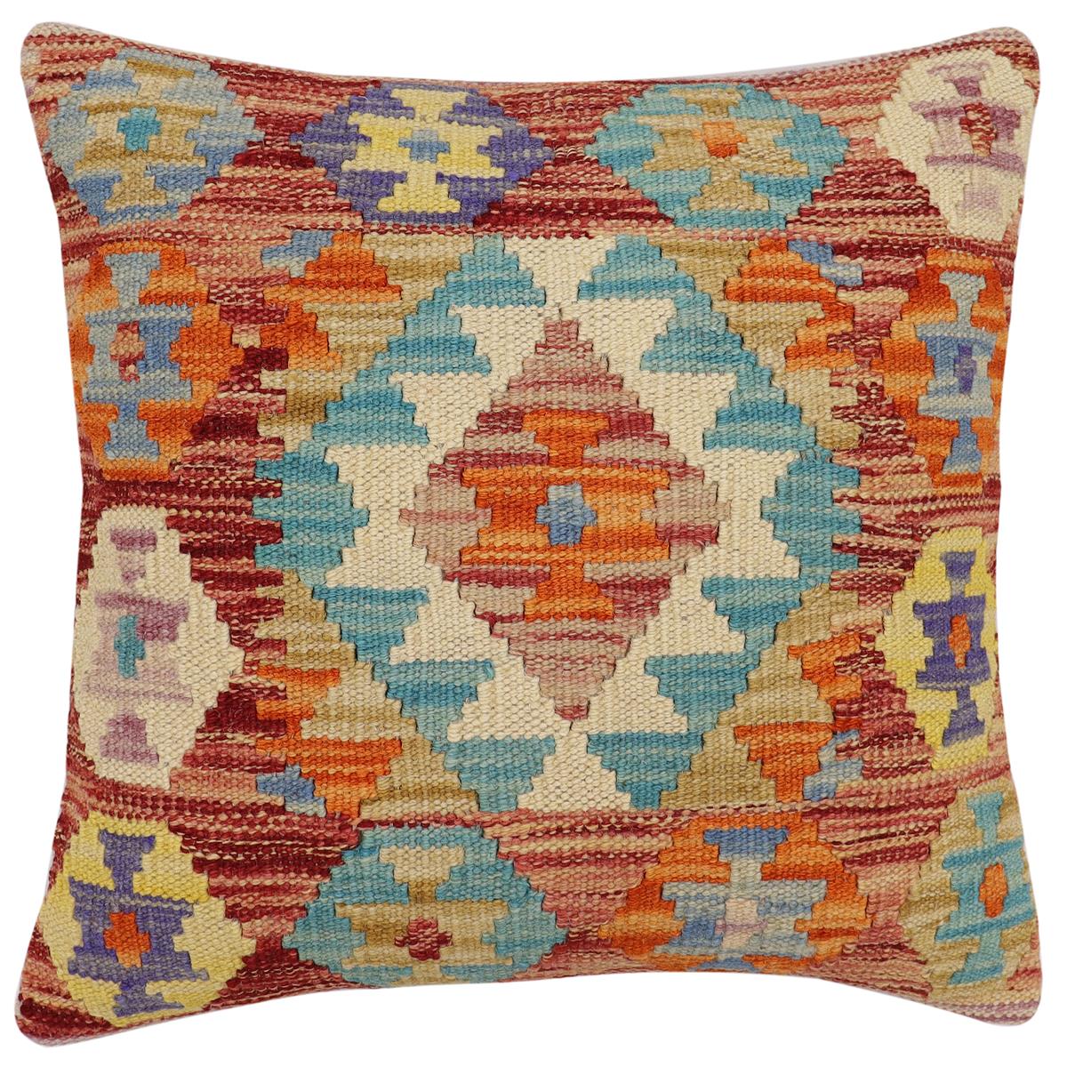handmade Traditional Pillow Red Blue Hand-Woven SQUARE 100% WOOL Hand woven turkish pillow2 x 2