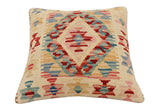 handmade Traditional Pillow Beige Red Hand-Woven SQUARE 100% WOOL  Hand woven turkish pillow  2 x 2