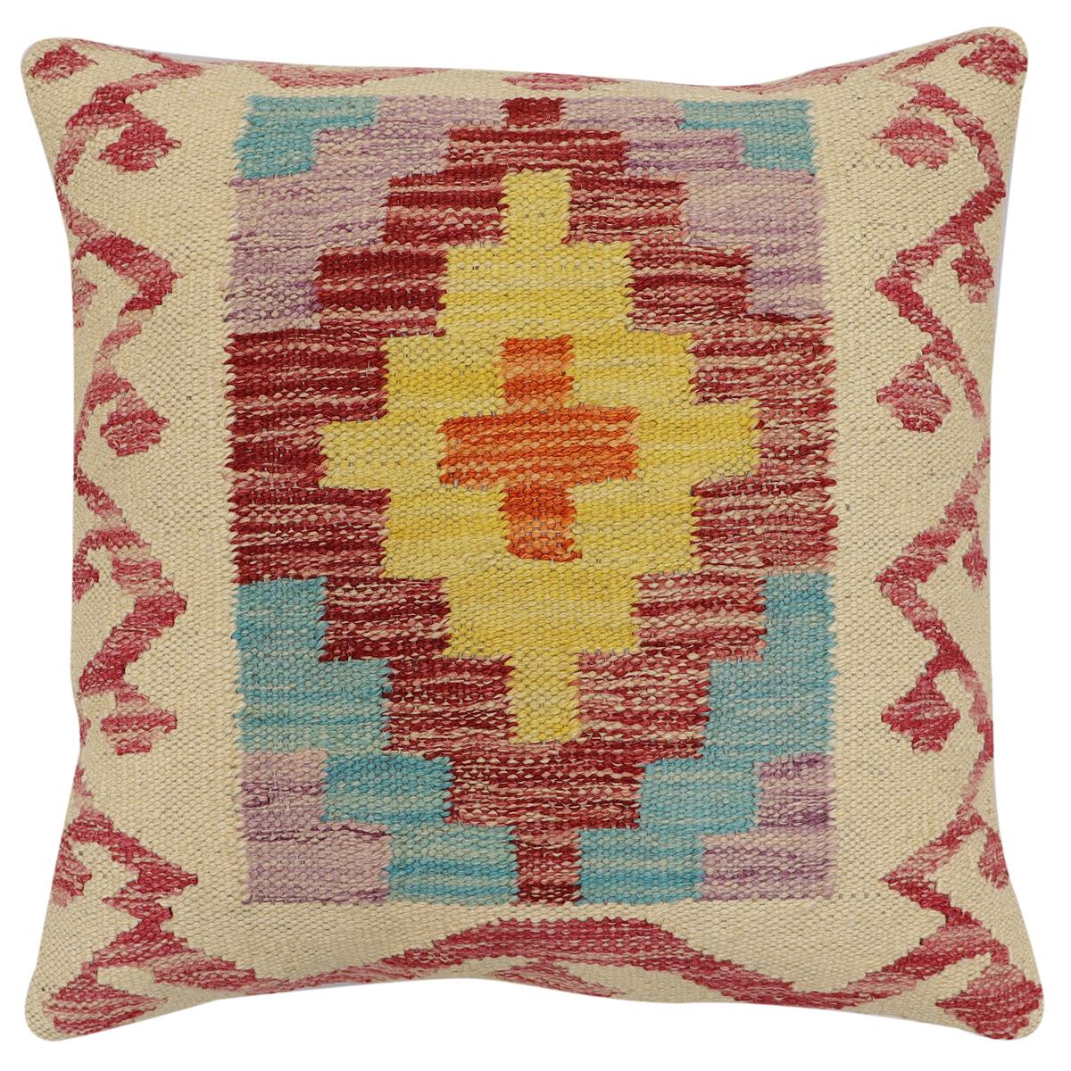 handmade Traditional Pillow Beige Red Hand-Woven SQUARE 100% WOOL Hand woven turkish pillow2' x 2'