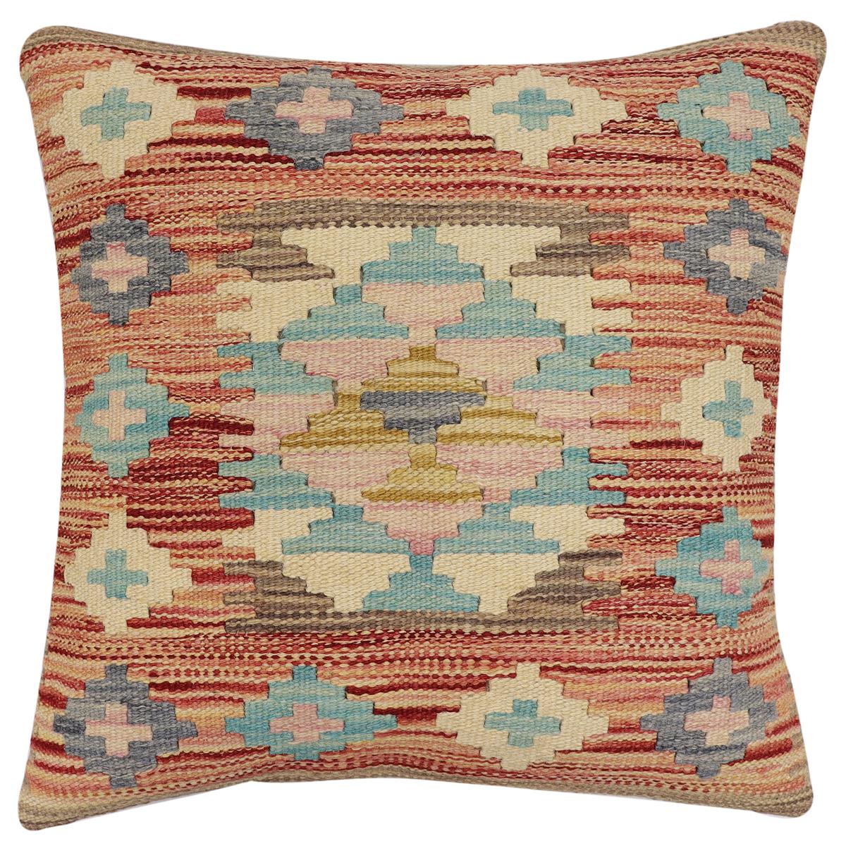 handmade Traditional Pillow Rust Blue Hand-Woven SQUARE 100% WOOL Hand woven turkish pillow2' x 2'