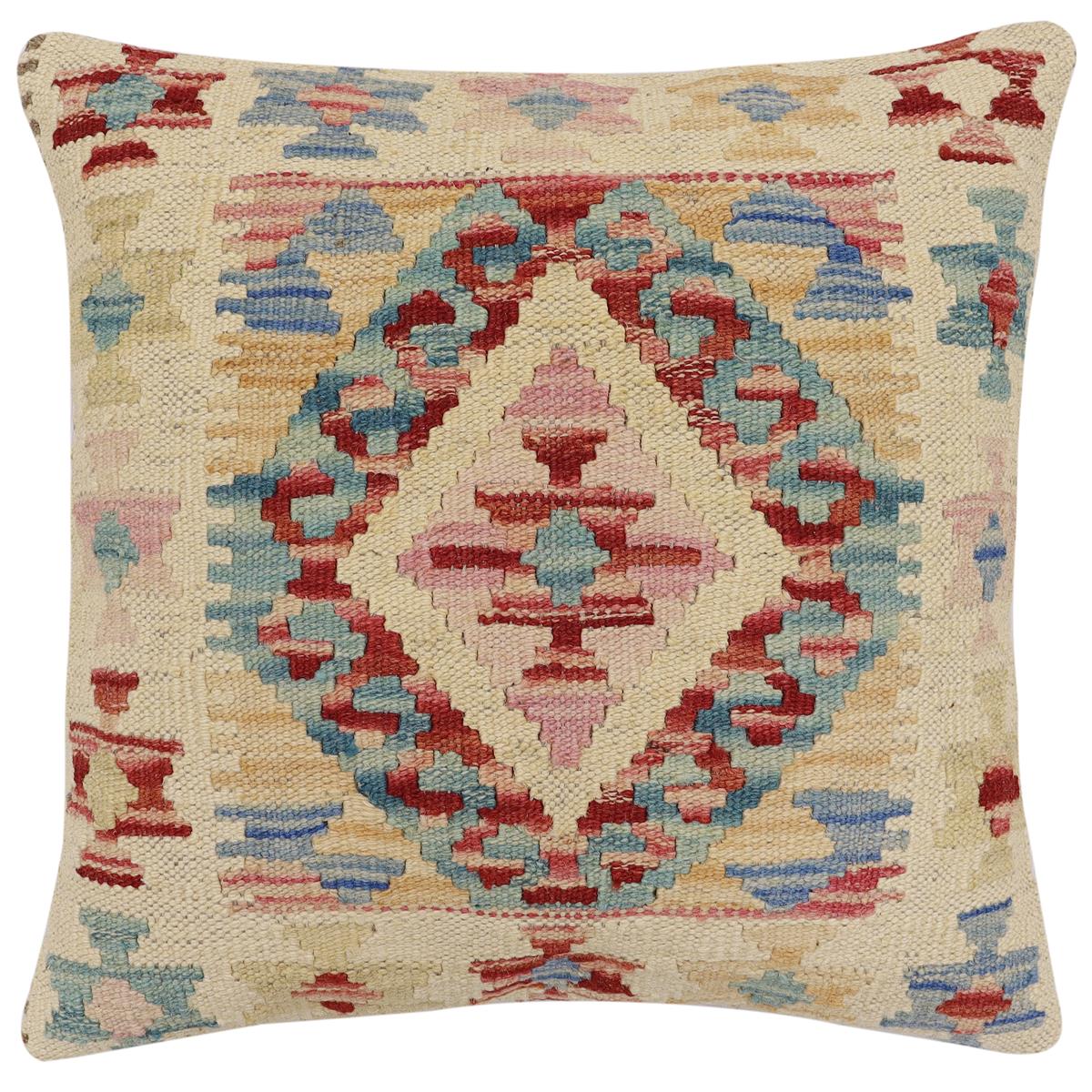 handmade Traditional Pillow Rust Blue Hand-Woven SQUARE 100% WOOL Hand woven turkish pillow2' x 2'