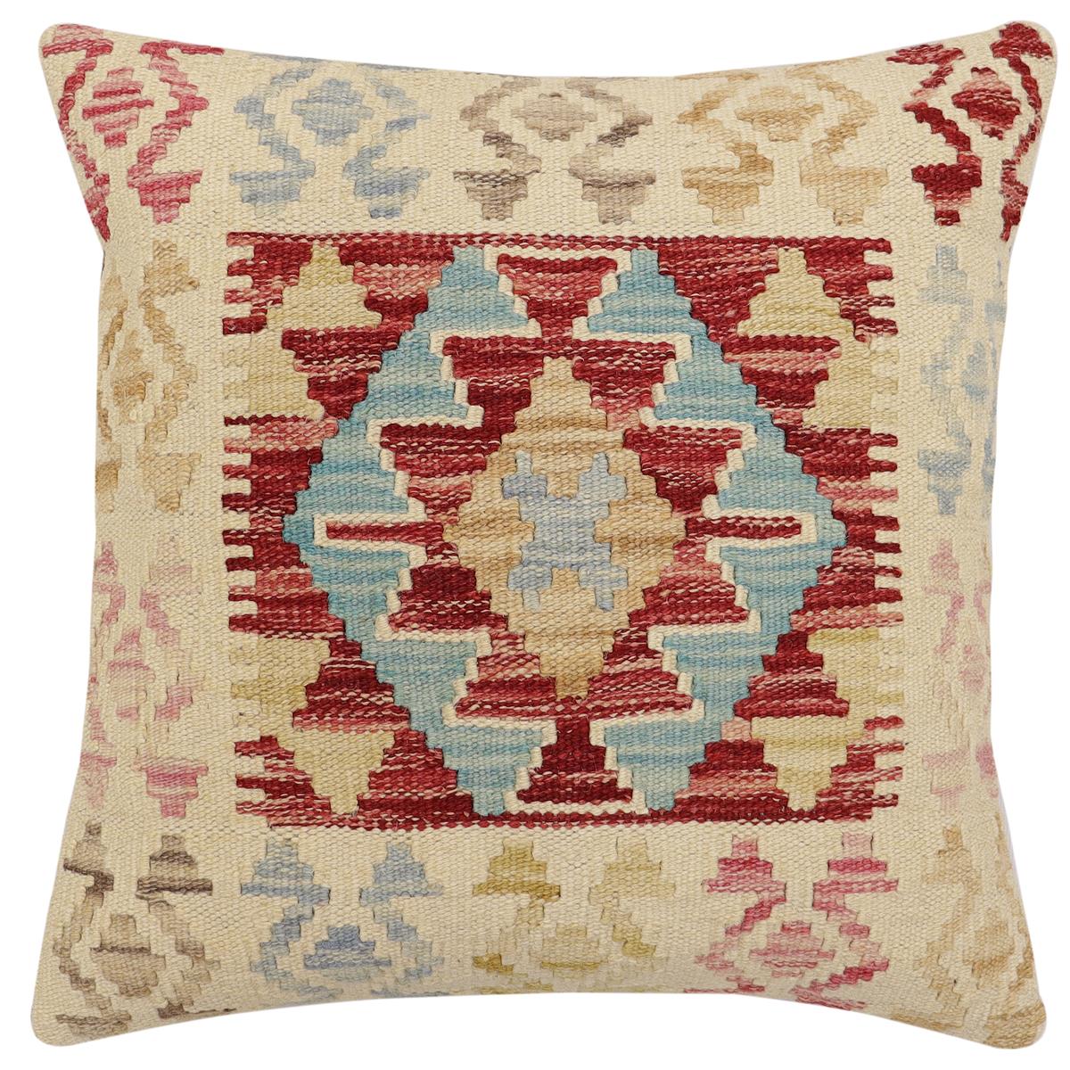 handmade Traditional Pillow Rust Blue Hand-Woven SQUARE 100% WOOL  Hand woven turkish pillow  2 x 2