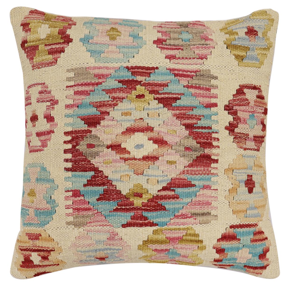 handmade Traditional Pillow Rust Blue Hand-Woven SQUARE 100% WOOL  Hand woven turkish pillow  2 x 2