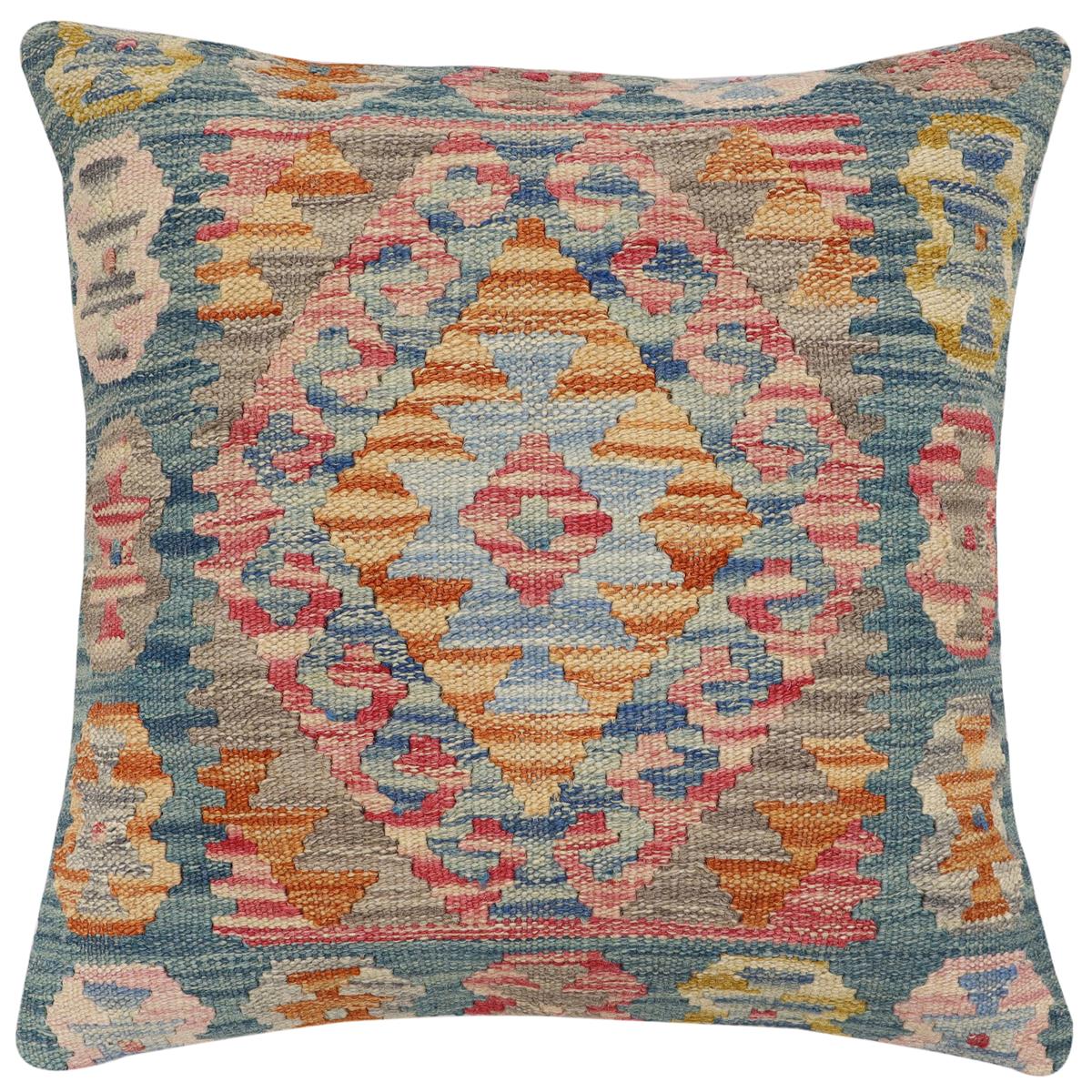 handmade Traditional Pillow Green Blue Hand-Woven SQUARE 100% WOOL Hand woven turkish pillow2' x 2'