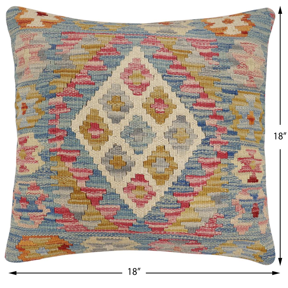 handmade Traditional Pillow Blue Beige Hand-Woven SQUARE 100% WOOL Hand woven turkish pillow2' x 2'