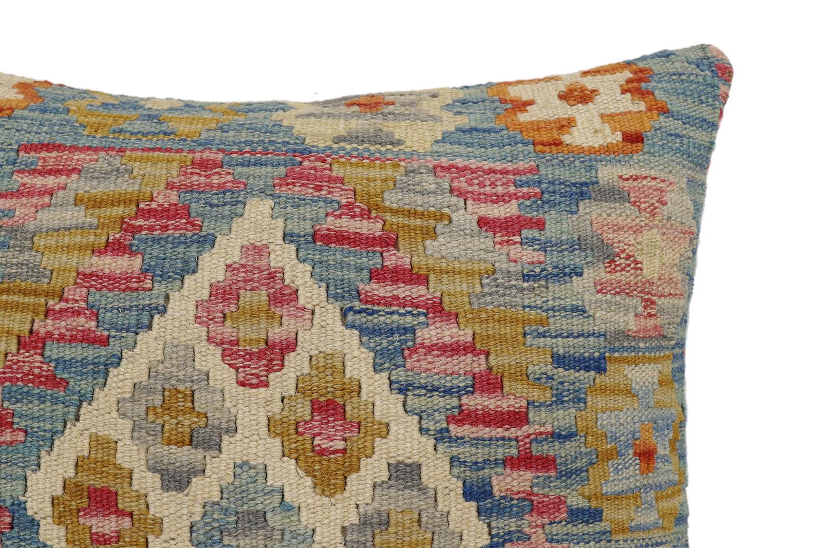 handmade Traditional Pillow Blue Beige Hand-Woven SQUARE 100% WOOL Hand woven turkish pillow2' x 2'