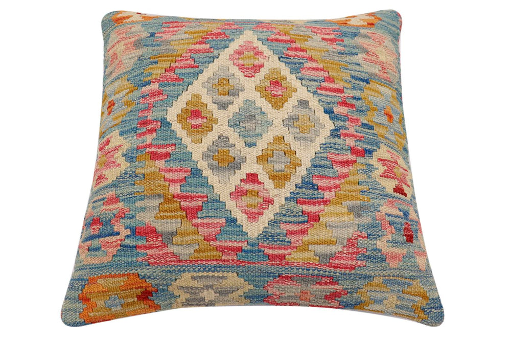 handmade Traditional Pillow Blue Beige Hand-Woven SQUARE 100% WOOL Hand woven turkish pillow2' x 2'