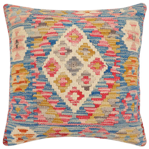 handmade Traditional Pillow Blue Beige Hand-Woven SQUARE 100% WOOL Hand woven turkish pillow2 x 2