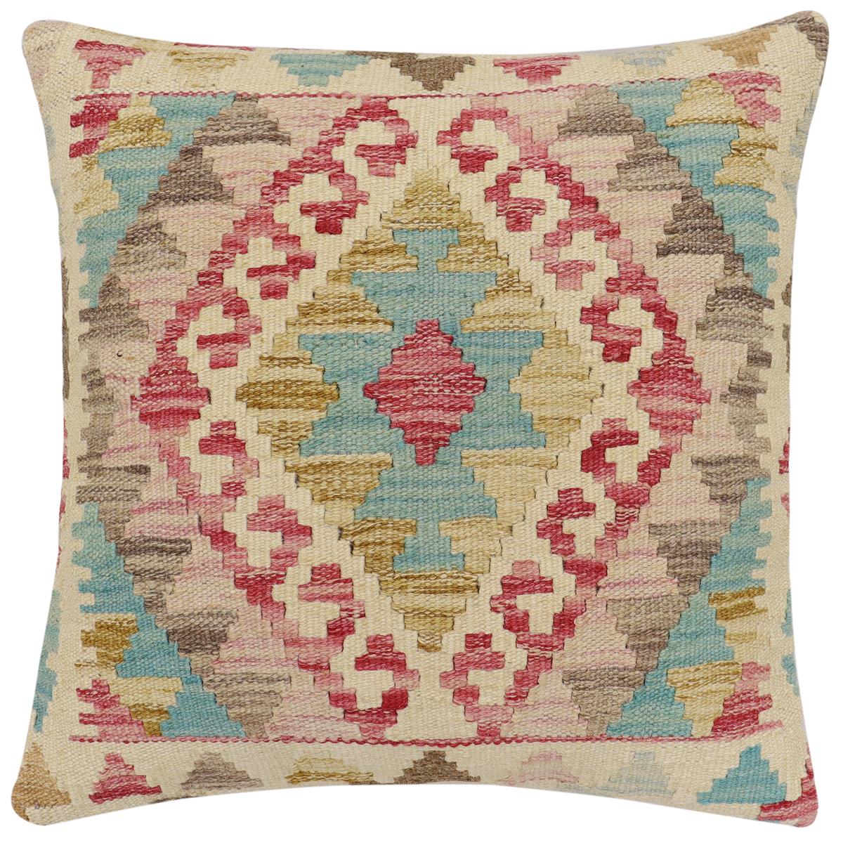 handmade Traditional Pillow Beige Blue Hand-Woven SQUARE 100% WOOL Hand woven turkish pillow2 x 2