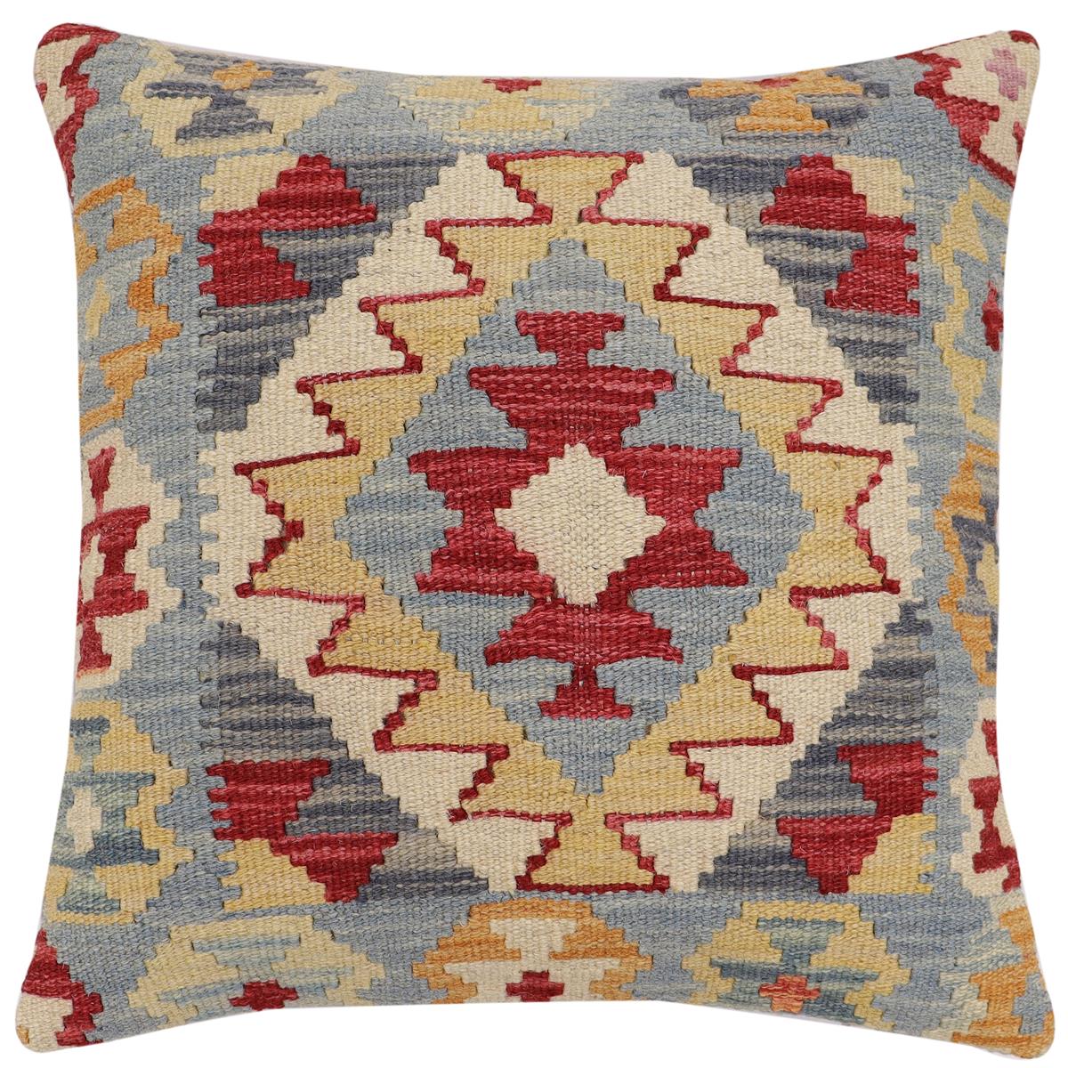 handmade Traditional Pillow Blue Beige Hand-Woven SQUARE 100% WOOL Hand woven turkish pillow2 x 2