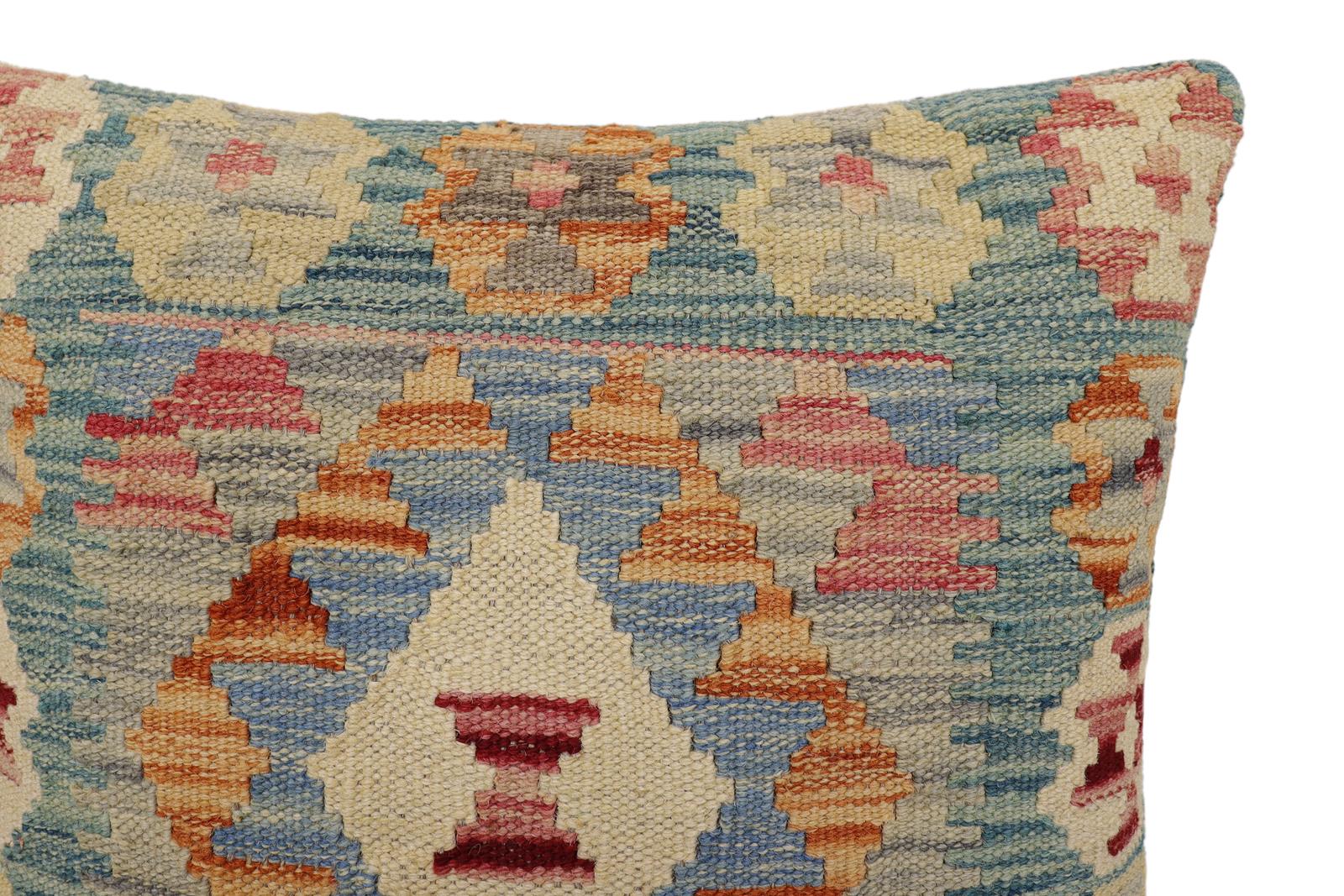 handmade Traditional Pillow Green Blue Hand-Woven SQUARE 100% WOOL Hand woven turkish pillow2' x 2'
