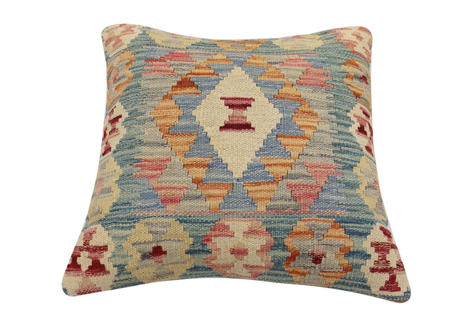 handmade Traditional Pillow Green Blue Hand-Woven SQUARE 100% WOOL Hand woven turkish pillow2' x 2'