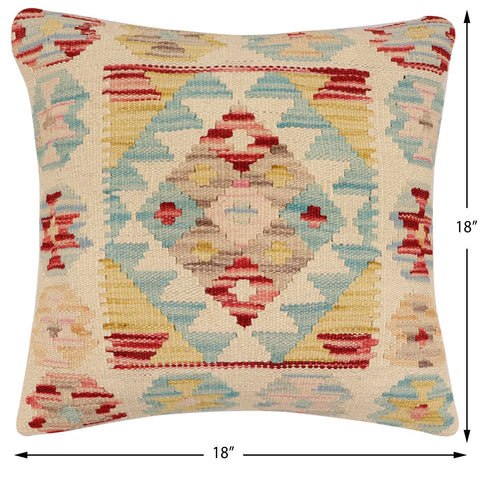 handmade Traditional Pillow Beige Blue Hand-Woven SQUARE 100% WOOL Hand woven turkish pillow2 x 2