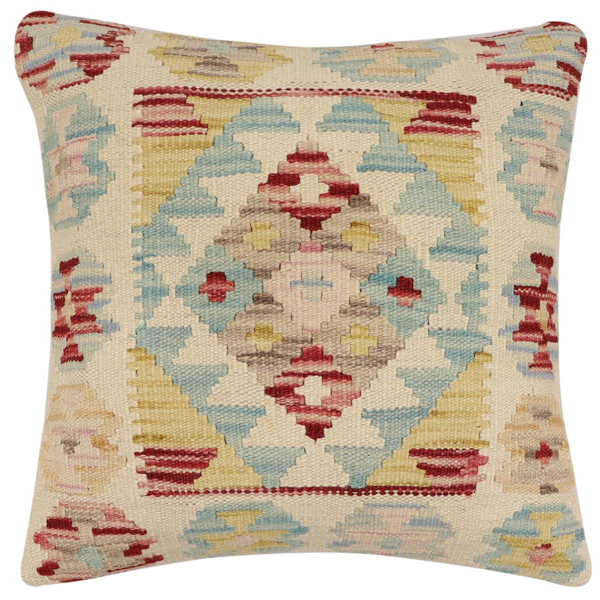 handmade Traditional Pillow Beige Blue Hand-Woven SQUARE 100% WOOL Hand woven turkish pillow2' x 2'