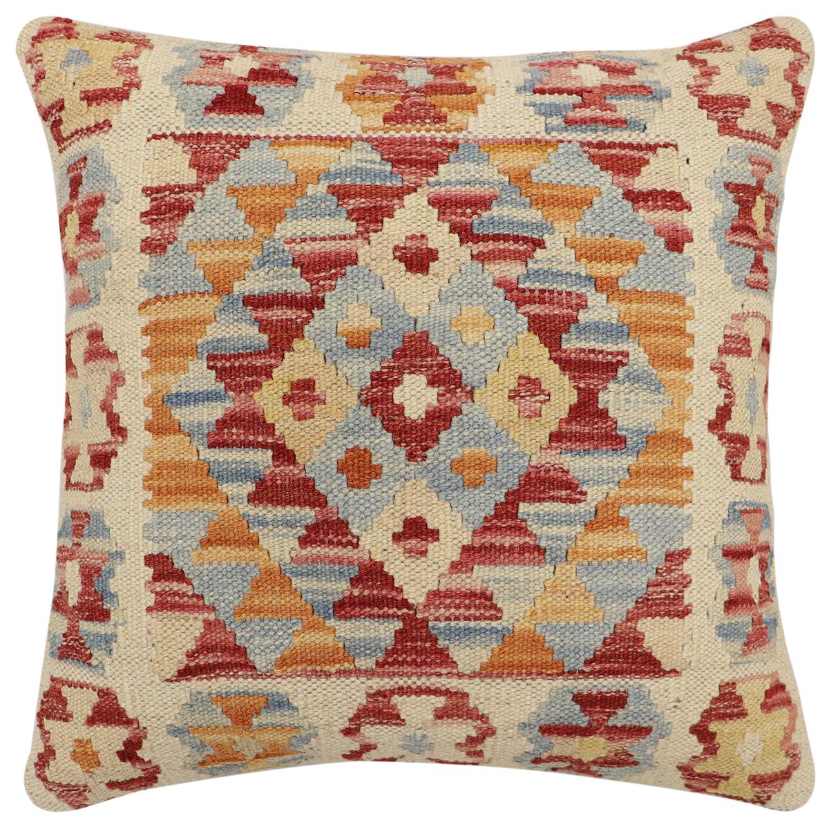 handmade Traditional Pillow Rust Blue Hand-Woven SQUARE 100% WOOL  Hand woven turkish pillow  2 x 2