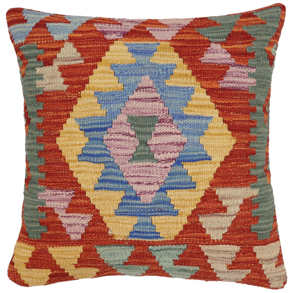handmade Traditional Pillow Rust Blue Hand-Woven SQUARE 100% WOOL Hand woven turkish pillow2' x 2'