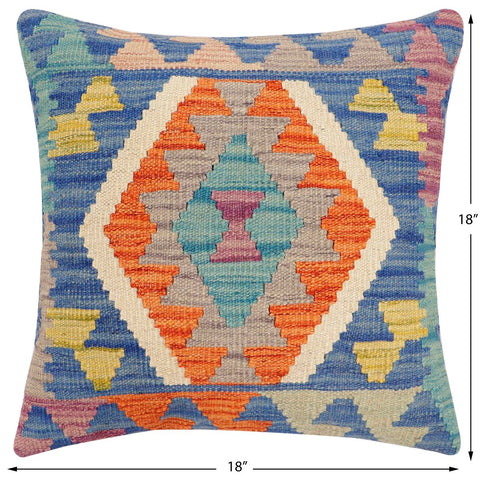 handmade Traditional Pillow Blue Rust Hand-Woven SQUARE 100% WOOL Hand woven turkish pillow2 x 2