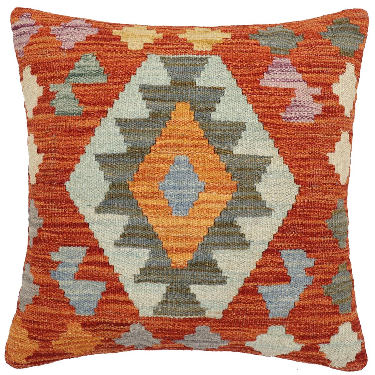 handmade Traditional Pillow Rust Blue Hand-Woven SQUARE 100% WOOL Hand woven turkish pillow2' x 2'