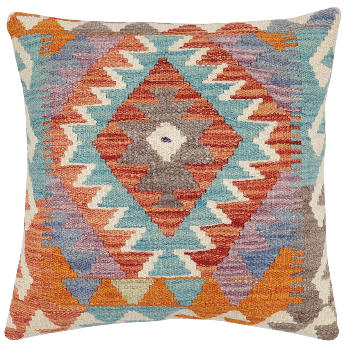 handmade Traditional Pillow Rust Blue Hand-Woven SQUARE 100% WOOL Hand woven turkish pillow2' x 2'