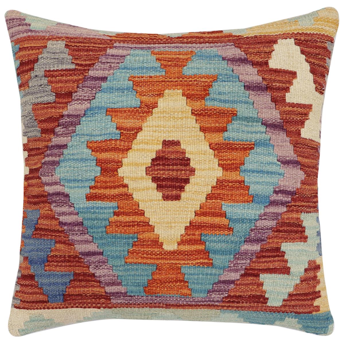 handmade Traditional Pillow Rust Blue Hand-Woven SQUARE 100% WOOL Hand woven turkish pillow2' x 2'