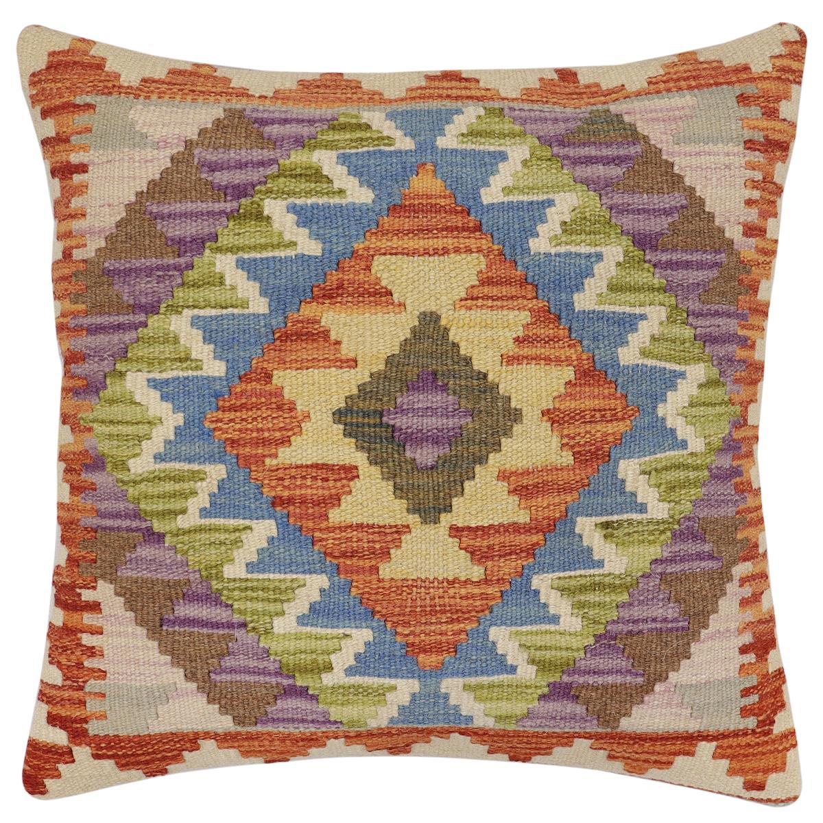 handmade Traditional Pillow Rust Blue Hand-Woven SQUARE 100% WOOL Hand woven turkish pillow2' x 2'