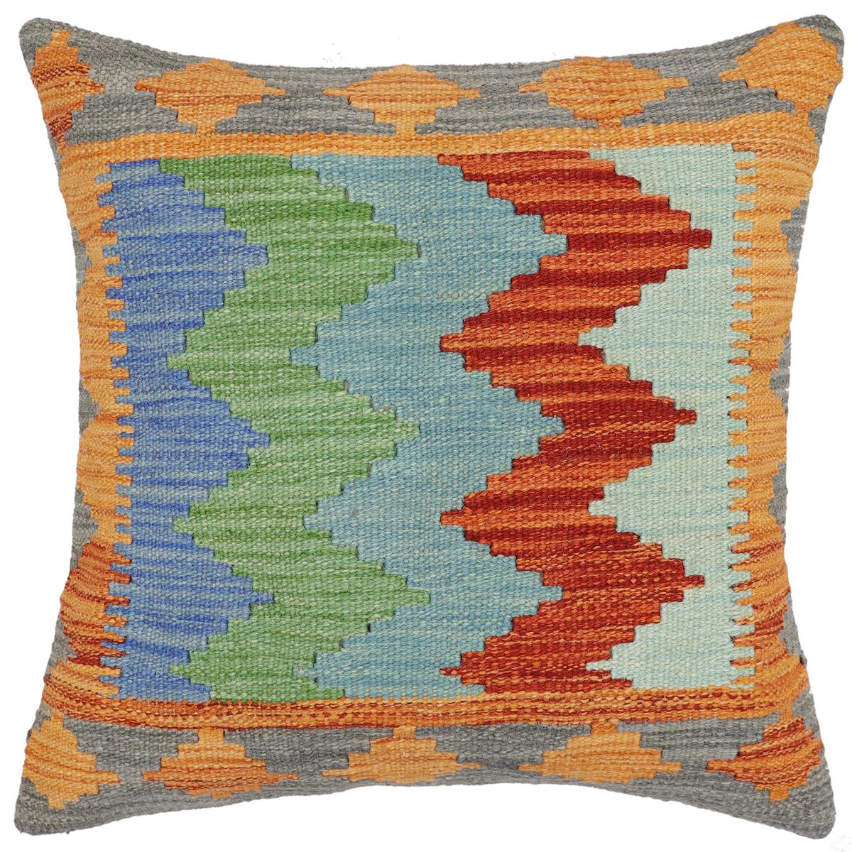 handmade Modern Pillow Rust Blue Hand-Woven SQUARE 100% WOOL  Hand woven turkish pillow  2 x 2