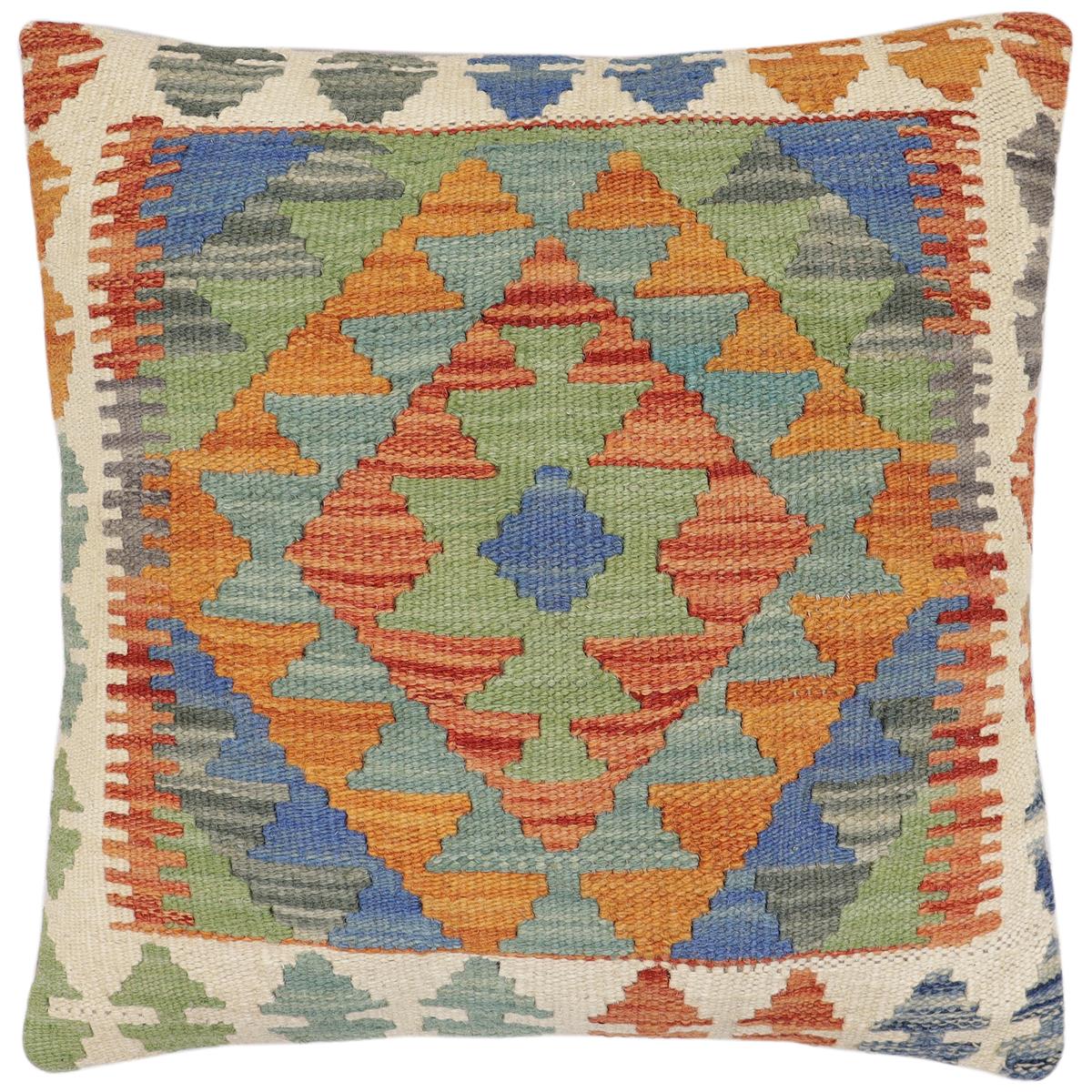 handmade Traditional Pillow Rust Blue Hand-Woven SQUARE 100% WOOL Hand woven turkish pillow2' x 2'