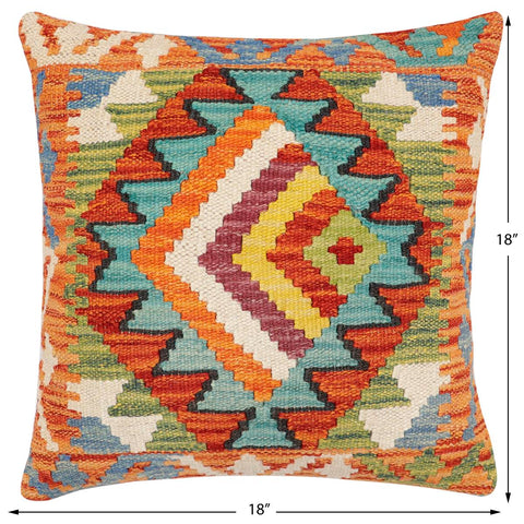 handmade Modern Pillow Rust Blue Hand-Woven SQUARE 100% WOOL  Hand woven turkish pillow  2 x 2