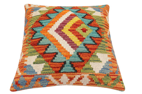 handmade Modern Pillow Rust Blue Hand-Woven SQUARE 100% WOOL  Hand woven turkish pillow  2 x 2