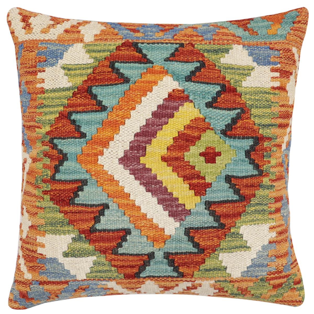 handmade Modern Pillow Rust Blue Hand-Woven SQUARE 100% WOOL  Hand woven turkish pillow  2 x 2