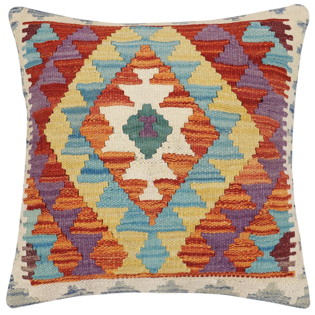 handmade Traditional Pillow Rust Blue Hand-Woven SQUARE 100% WOOL Hand woven turkish pillow2' x 2'
