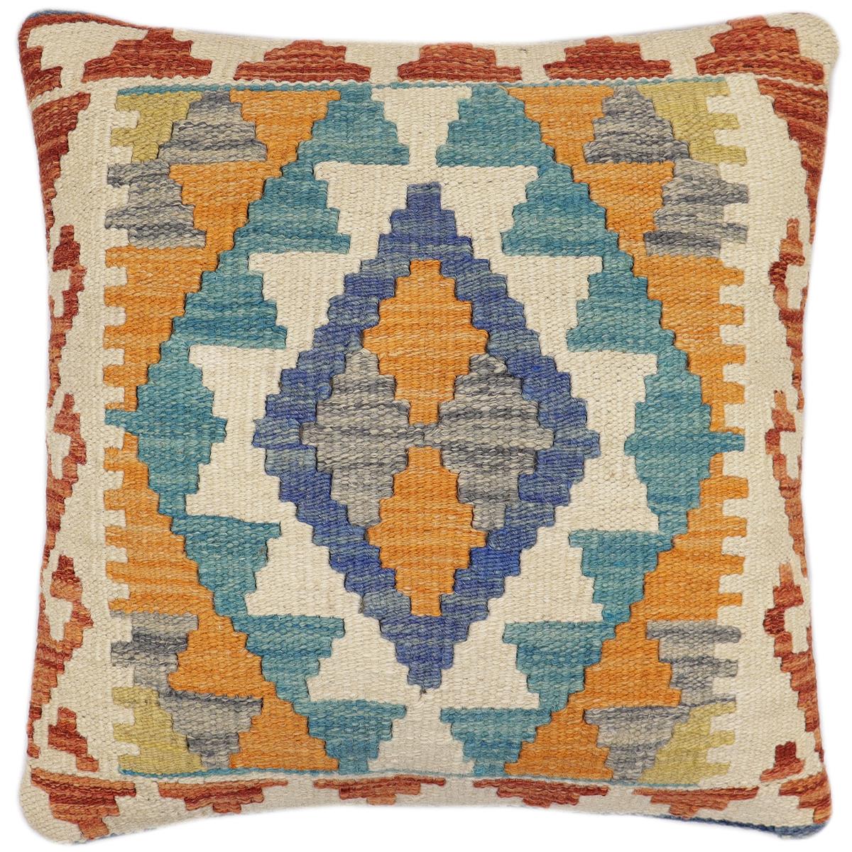 handmade Traditional Pillow Blue Rust Hand-Woven SQUARE 100% WOOL Hand woven turkish pillow2 x 2