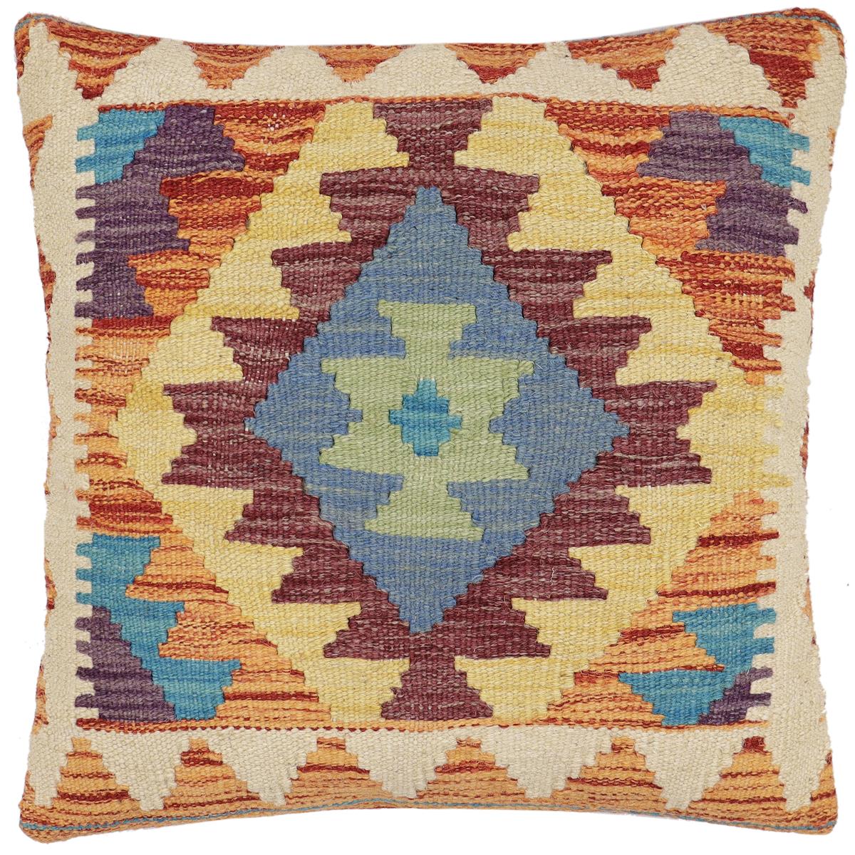 handmade Traditional Pillow Rust Blue Hand-Woven SQUARE 100% WOOL Hand woven turkish pillow2' x 2'