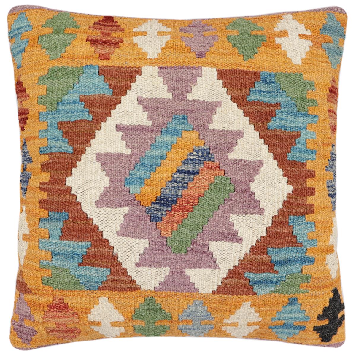 handmade Traditional Pillow Blue Orange Hand-Woven SQUARE 100% WOOL Hand woven turkish pillow2 x 2
