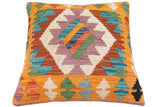 handmade Traditional Pillow Blue Orange Hand-Woven SQUARE 100% WOOL Hand woven turkish pillow2' x 2'