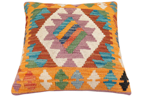 handmade Traditional Pillow Blue Orange Hand-Woven SQUARE 100% WOOL Hand woven turkish pillow2 x 2