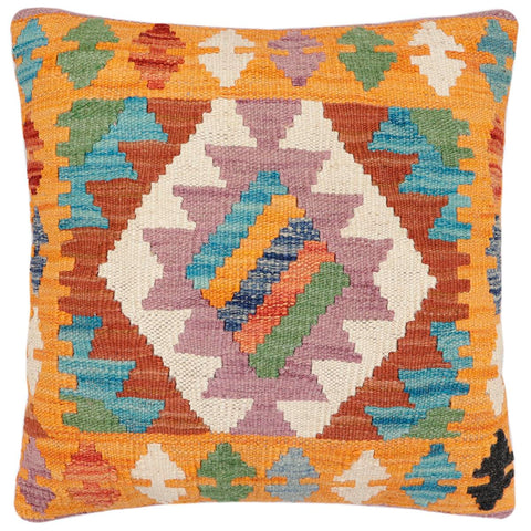 handmade Traditional Pillow Blue Orange Hand-Woven SQUARE 100% WOOL Hand woven turkish pillow2 x 2
