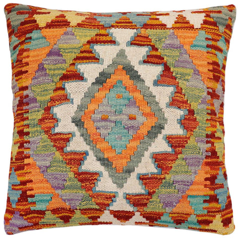 handmade Traditional Pillow Rust Blue Hand-Woven SQUARE 100% WOOL  Hand woven turkish pillow  2 x 2