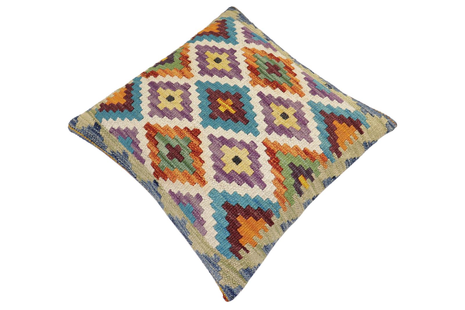 handmade Traditional Pillow Rust Blue Hand-Woven SQUARE 100% WOOL Hand woven turkish pillow2' x 2'