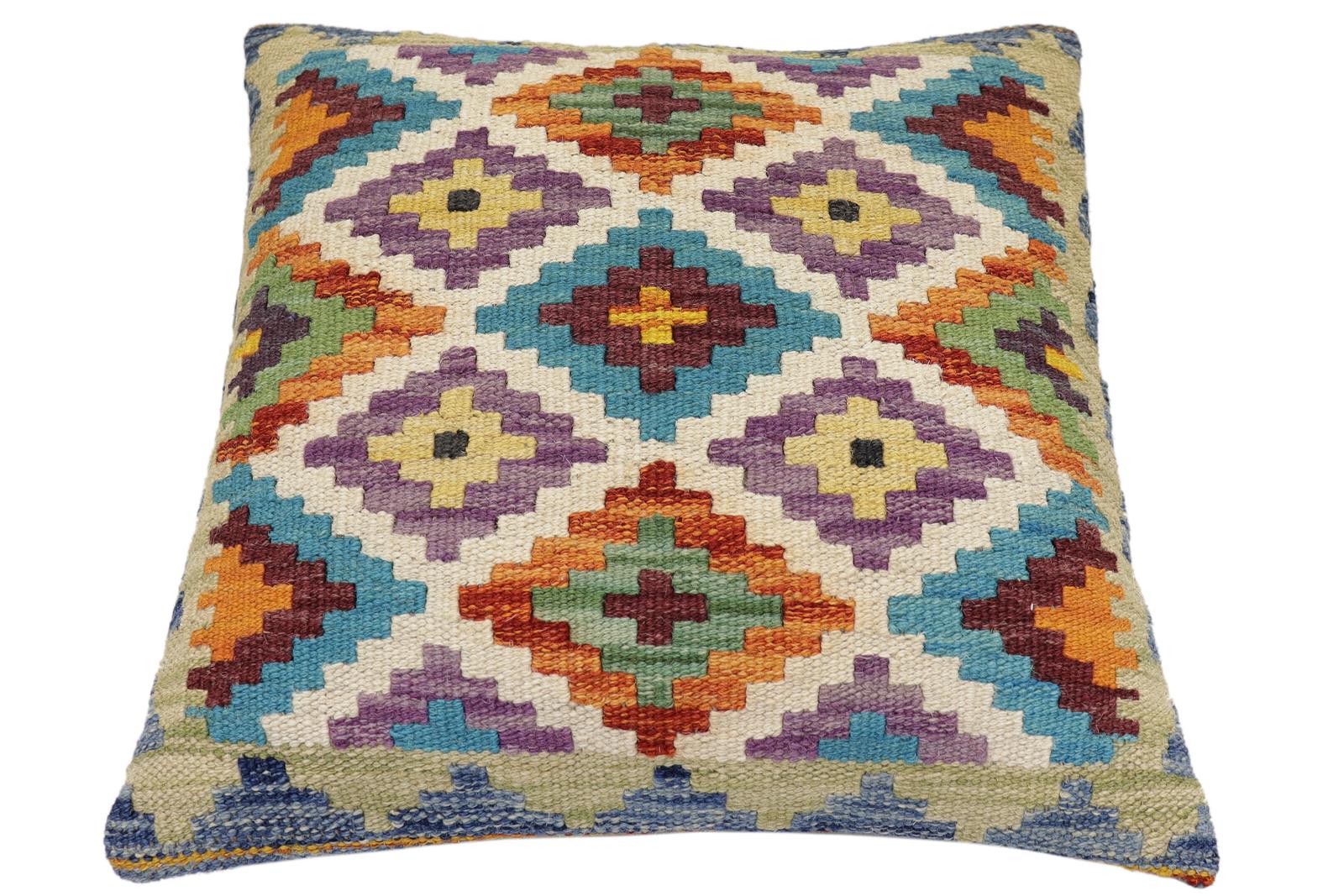 handmade Traditional Pillow Rust Blue Hand-Woven SQUARE 100% WOOL Hand woven turkish pillow2' x 2'