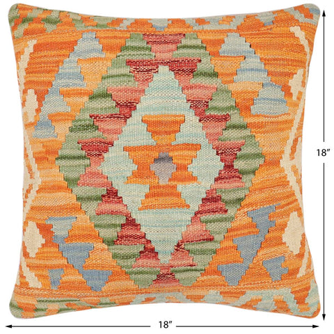 handmade Traditional Pillow Orange Blue Hand-Woven SQUARE 100% WOOL Hand woven turkish pillow2' x 2'