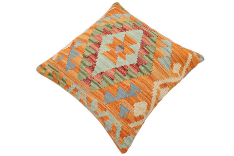 handmade Traditional Pillow Orange Blue Hand-Woven SQUARE 100% WOOL Hand woven turkish pillow2' x 2'